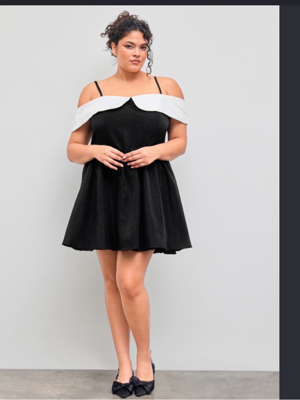 Plus Size Pretty Little Thing Off-Shoulder Black Mini Dress with White Trim